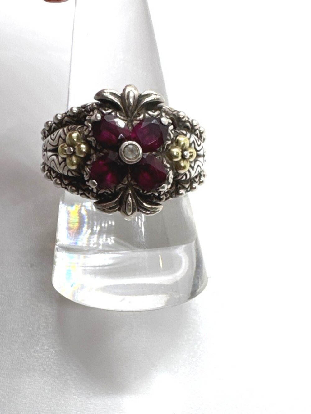 Barbara Bixby 925 SS 18K Gold Rhodolite Garnet White Topaz Floral Ring Size 8.5